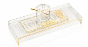 Picture of Lucite Simanim Tray Card Set Suspended Design Includes 6 Lucite Simanim Cards and Honey Dish Gold